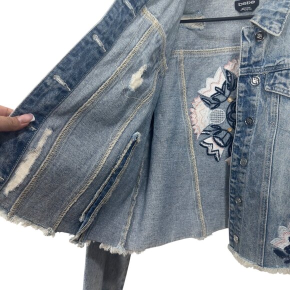 Bebe Distressed Denim Jacket W/ Embroidered Mandala Design & Raw Hem - Womens XL - Picture 10 of 15